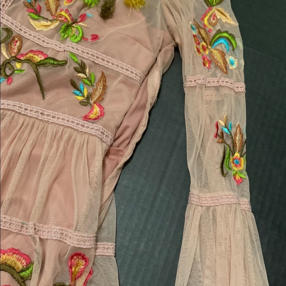 Embroidered Pink Long-Sleeve Tiered Dress - Picture 2 of 5